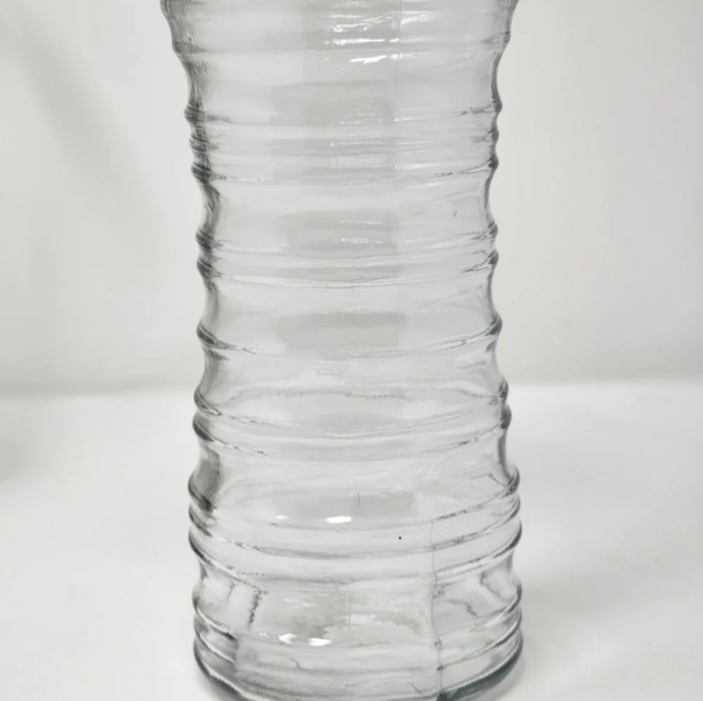 Vintage Tall Clear Glass Vase With Finger Holds Tapered Waist Concentric Circles